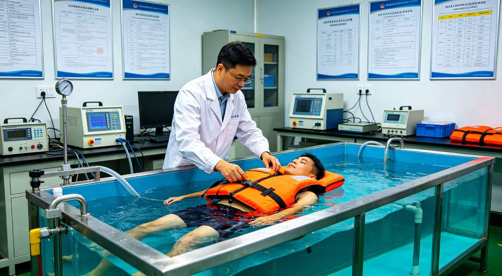 SOLAS approved life jacket certification testing in professional laboratory with Asian male quality inspector in white coat testing buoyancy performance in specialized water tank with measurement instruments and compliance documents