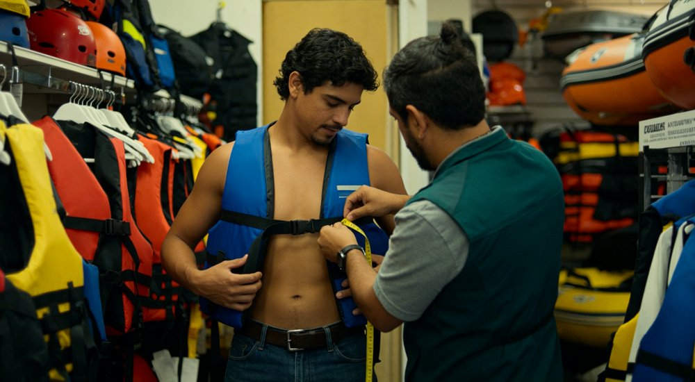 Life jacket sizing and fitting guide scene with Latin American adult male measuring chest circumference while trying on blue life jacket, proper fit verification for safety and comfort