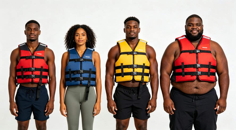YRF Textile life jacket PFD sizing fit guide chest circumference measurement size chart measurement chest circumference fitting professional water safety equipment for flood disaster rescue operations, high quality durable construction