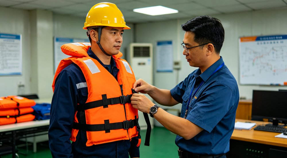 Professional Asian male safety instructor helping worker adjust orange life jacket straps and buckles for proper fit showing chest measurement and adjustment points in professional training room environment