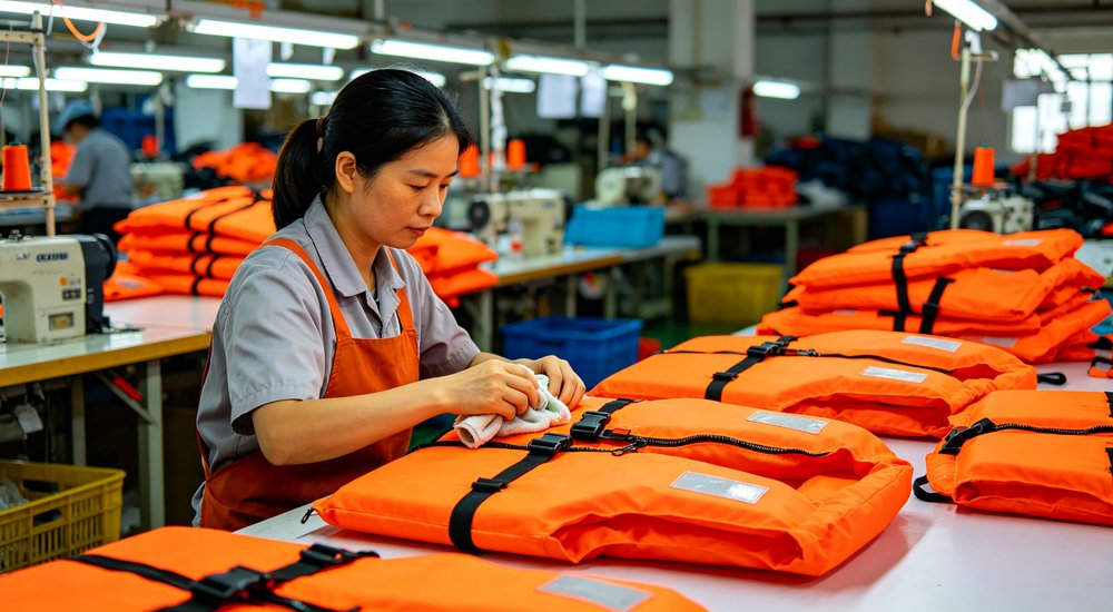 Life jacket maintenance and inspection scene with Asian female worker checking zippers buckles and fabric condition, regular pre use inspection and cleaning for extended product lifespan