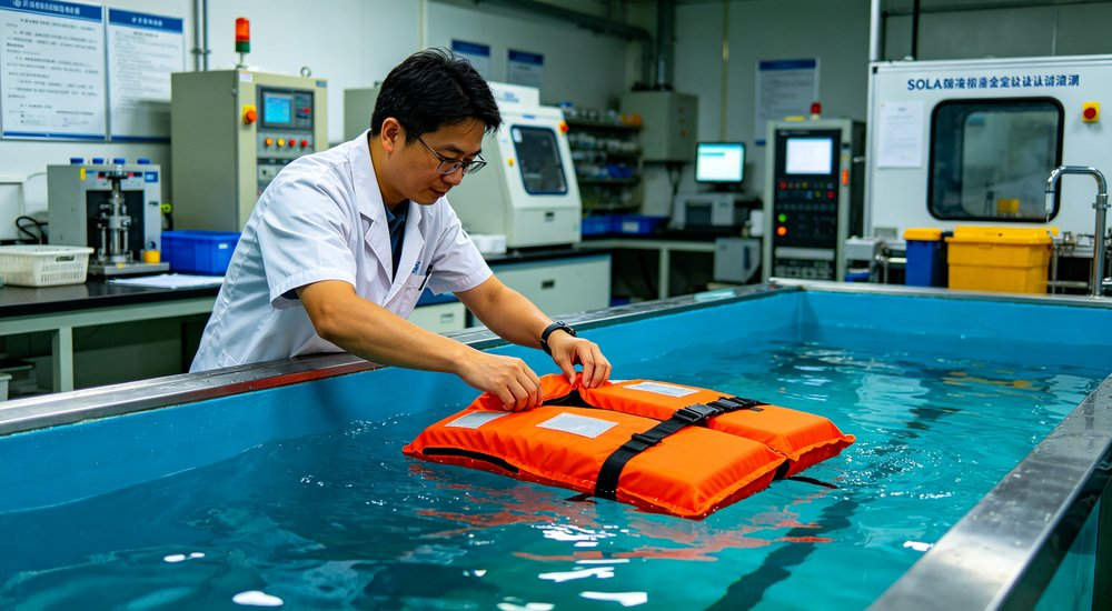 SOLAS approved life jacket certification testing in professional laboratory with Asian male quality inspector testing buoyancy performance in water tank using specialized testing equipment for marine safety compliance