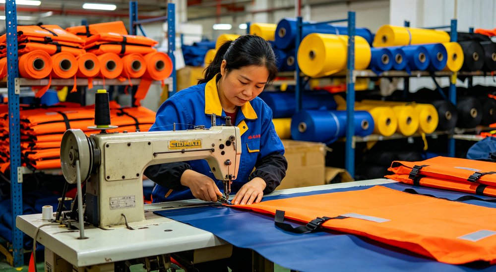 Life jacket material construction factory production scene with Asian female worker operating industrial sewing machine cutting and stitching orange nylon fabric with rolls of colorful life jacket material in organized workshop