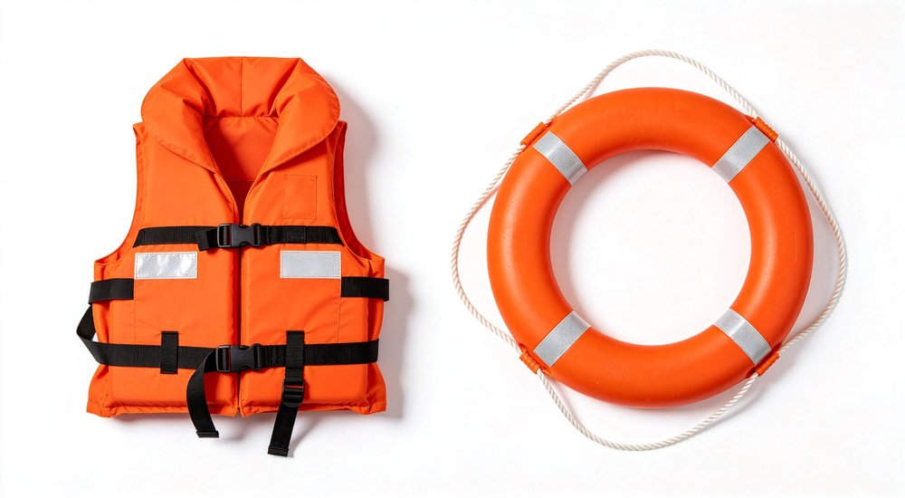 Orange life jacket PFD with high collar and multiple straps versus traditional orange circular lifebuoy ring with reflective tape displayed side by side on clean white background for safety equipment comparison