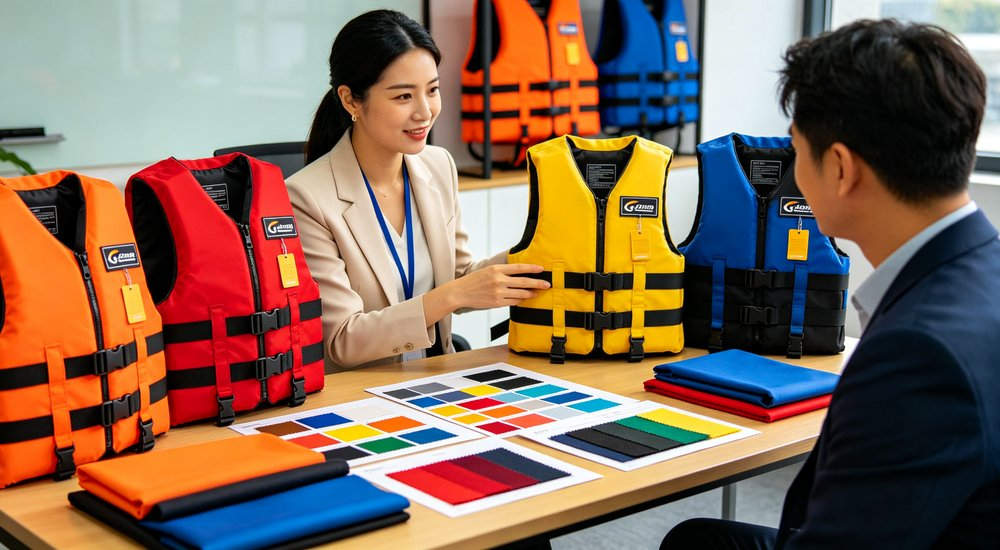 Custom life jacket OEM ODM customization display with multiple life jackets in orange red yellow blue black colors and Asian female sales manager showing color swatches fabric samples and custom label options to buyer