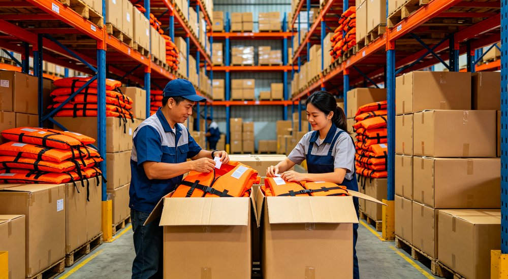 Life jacket packing and delivery scene with Asian male and female warehouse workers packing life jackets into export cartons, organized warehouse with shelves full of shipping boxes for international delivery