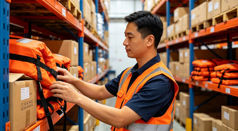 YRF Textile life jacket packing labelling delivery export shipping carton detailed specifications parameters dimensions weight, wholesale bulk supply for institutional buyers and disaster relief programs worldwide