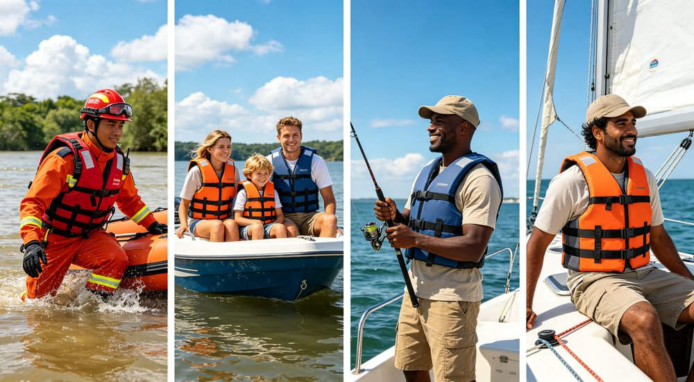 Life jacket FAQ four application scenarios collage showing flood rescue family boating offshore fishing and sailing with different ethnic groups wearing proper life jackets for each water activity Life jacket FAQ four application scenarios collage showing flood rescue family boating offshore fishing and sailing with different ethnic groups wearing proper life jackets for each water activity