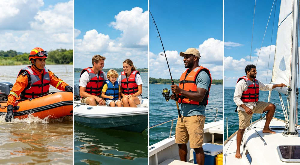 Life jacket FAQ application scenes collage showing flood rescue boating fishing and sailing usage with different ethnic groups, comprehensive visual guide for frequently asked questions about life jacket selection