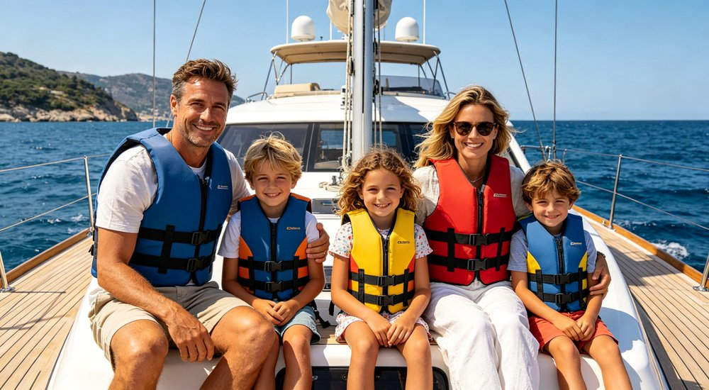 group of people wearing bright life jackets sitting together on boat deck for water safety