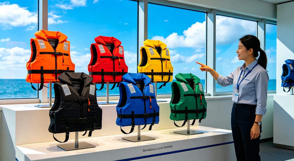 Professional life jacket buoyancy level showroom display with six different colored life jackets in orange red yellow blue black green arranged on stands with Asian female engineer explaining buoyancy rating differences