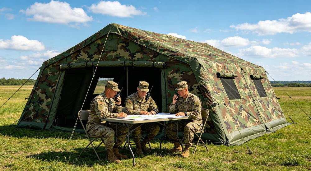High-quality exterior front view of a 50 square meter olive green military command inflatable tent with two officers standing at entrance on grass field under blue sky