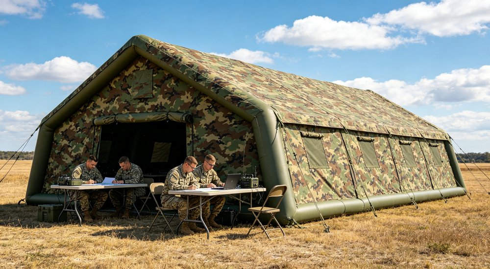 Full exterior side angle view of a 50sqm digital camouflage military inflatable command tent with officers sitting at table reading maps and using walkie-talkies
