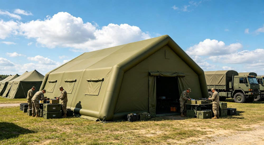 Aerial top-down view of multiple olive green military inflatable command tents arranged in base camp formation with ordinary cargo trucks on green grass field