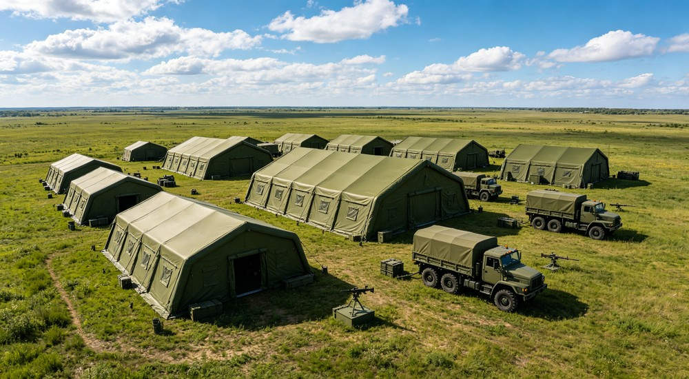 Front side view of a 50sqm desert camouflage khaki military inflatable command tent with two officers standing at entrance in sandy desert environment under blue sky