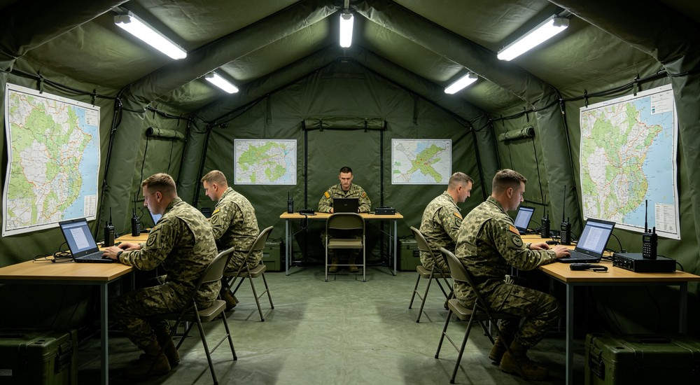 Exterior view of a 50sqm olive green military inflatable command tent with three uniformed officers walking towards the tent entrance on green grass field