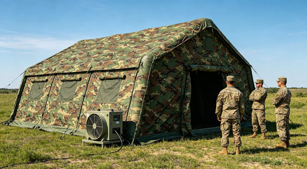 Side view of a 50sqm digital camouflage military inflatable command tent with officer carrying equipment box into tent entrance with mountain background