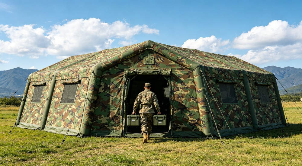 Side angle view of a 50sqm olive green military inflatable command tent with portable air conditioning unit connected via flexible duct pipe on grass field