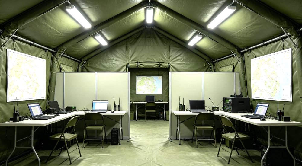 Exterior view of two 50sqm digital camouflage military inflatable communication tents with satellite dishes and antennas on top, officers operating radio equipment at tables