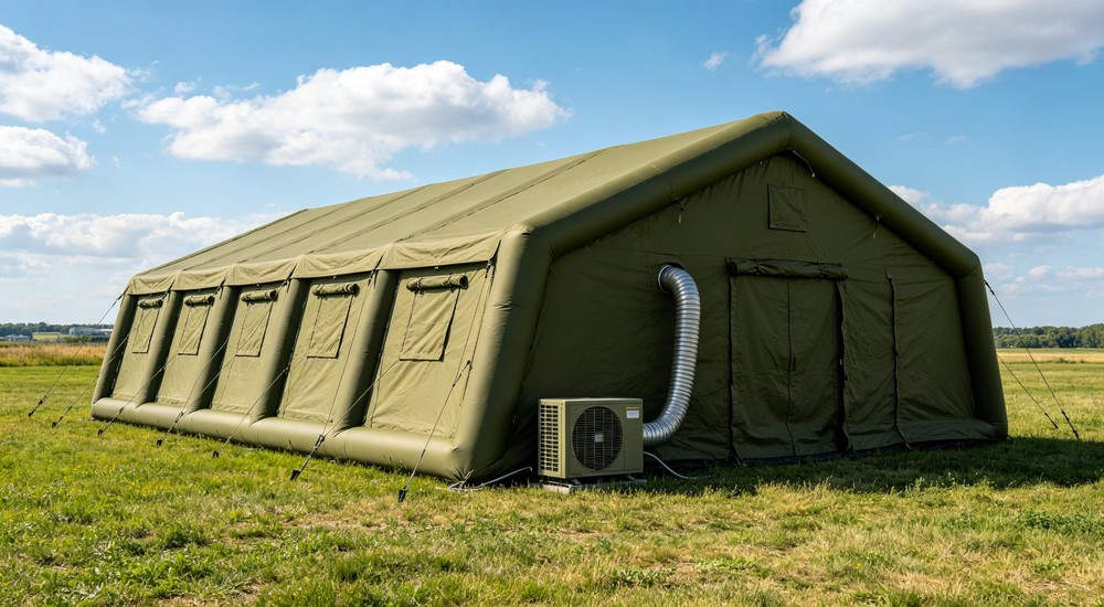 Front view of a 50sqm olive green military inflatable command tent with five officers gathered around folding table examining large tactical map and discussing plans