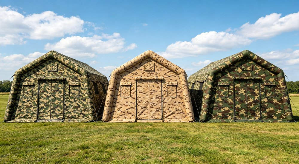 Side view of a 50sqm olive green military inflatable command tent with ordinary military cargo truck parked nearby, soldiers loading supply boxes at tent entrance