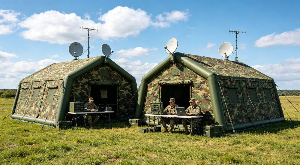 Interior wide view of command center inside 50sqm camouflage military inflatable tent with multiple workstations, laptop computers and large monitors displaying tactical maps