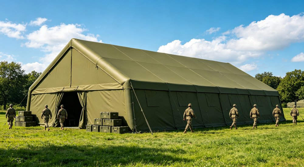 Front view of a 50sqm olive green military inflatable command tent used as backdrop for military ceremony with officer giving speech at wooden podium on concrete ground