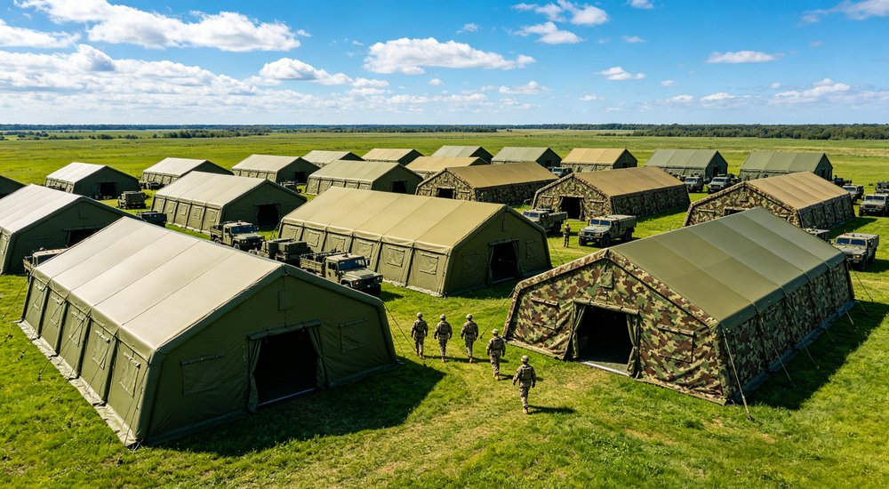 Side view of a 50sqm digital camouflage military inflatable command tent with portable generator and power equipment outside, two technicians checking power system connections