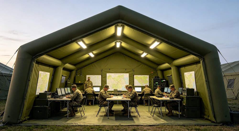 Aerial oblique view of single 50sqm olive green military inflatable command tent from above showing rectangular footprint shape on green grass field under blue sky