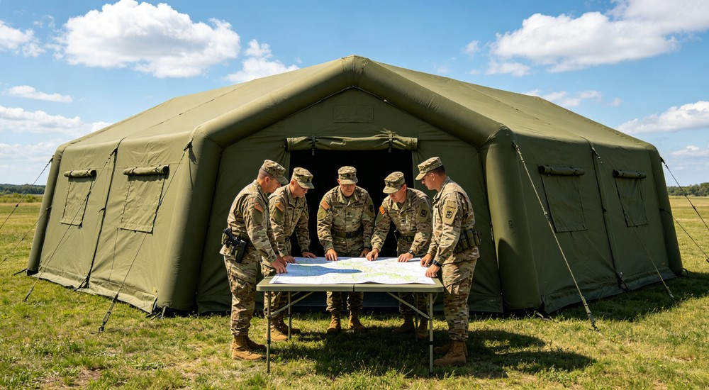 Night scene exterior view of a 50sqm digital camouflage military inflatable command tent with warm interior lights glowing through windows under starry night sky on grass field