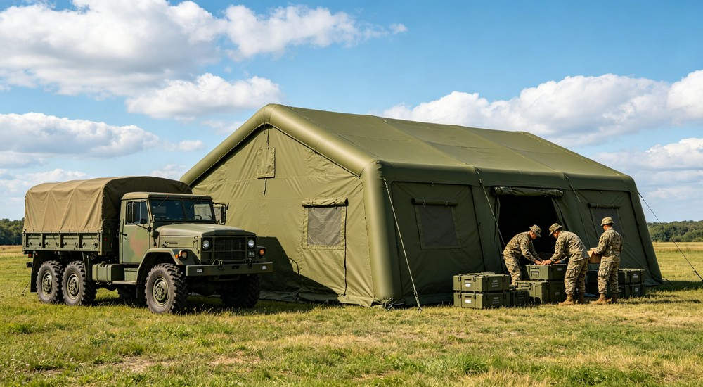 Close-up front view of a 50sqm olive green military inflatable command tent entrance with two soldiers in uniform walking inside the tent on green grass field