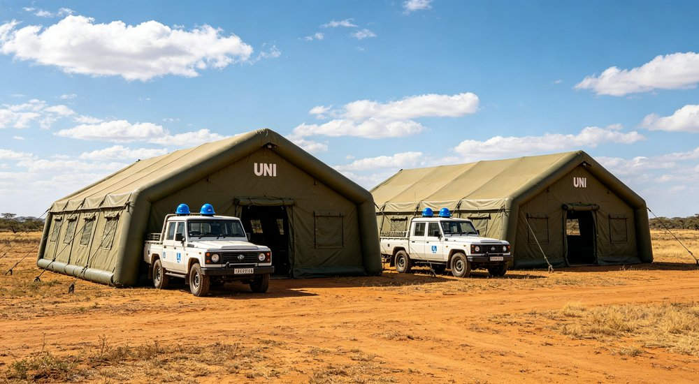 Front view of a 50sqm digital camouflage military inflatable command tent with five officers gathered around easel displaying tactical map for field briefing on grass field