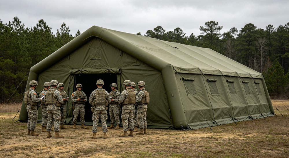 Exterior front view of a 50sqm olive green military inflatable command tent with large open entrance showing interior command workspace, blue sky with white clouds background