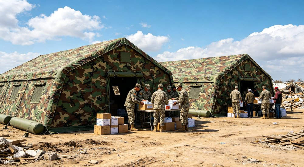 Side view of a 50sqm olive green military inflatable command tent with soldiers packing and folding tent fabric into storage bag for deployment on green grass field