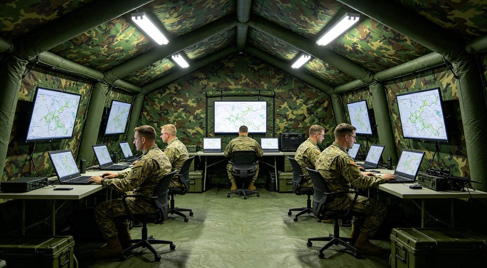 Exterior view of a 50sqm military inflatable command tent in desert camouflage with military personnel setting up tent structure in sandy desert environment