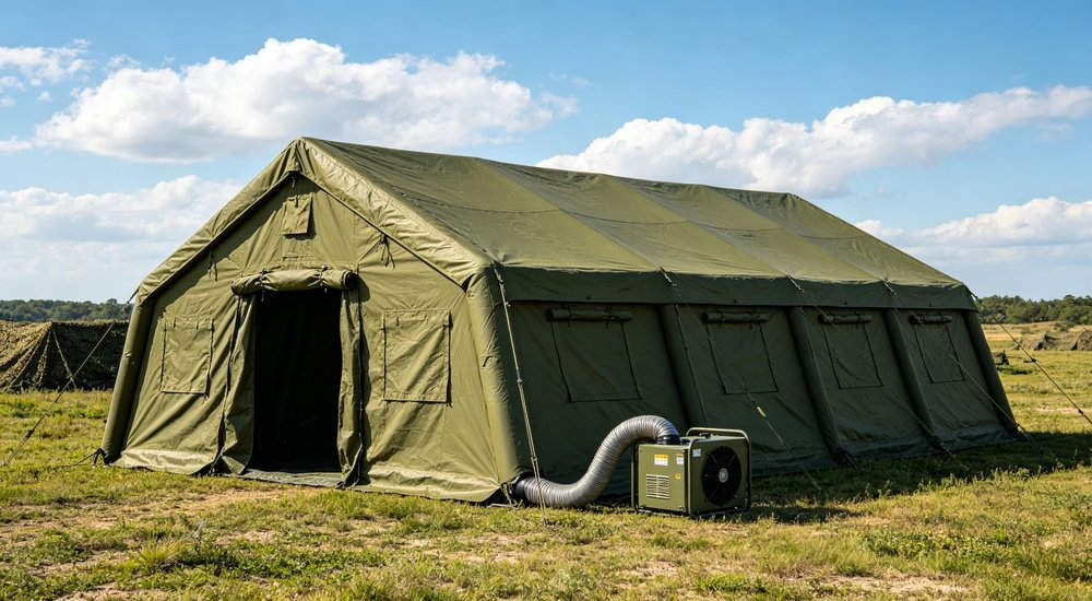 Close-up detail view of 50sqm military inflatable tent fabric texture showing digital camouflage pattern, reinforced stitching and PVC coating material