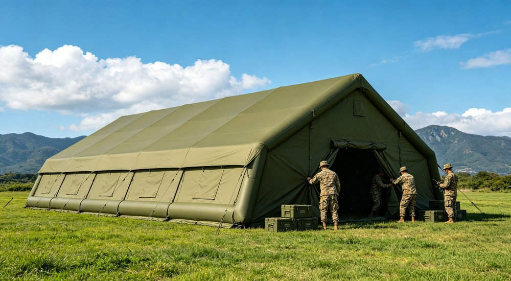 Exterior view of 50sqm olive green military inflatable command tent with connected inflatable corridor passage linking to second tent for modular base camp configuration