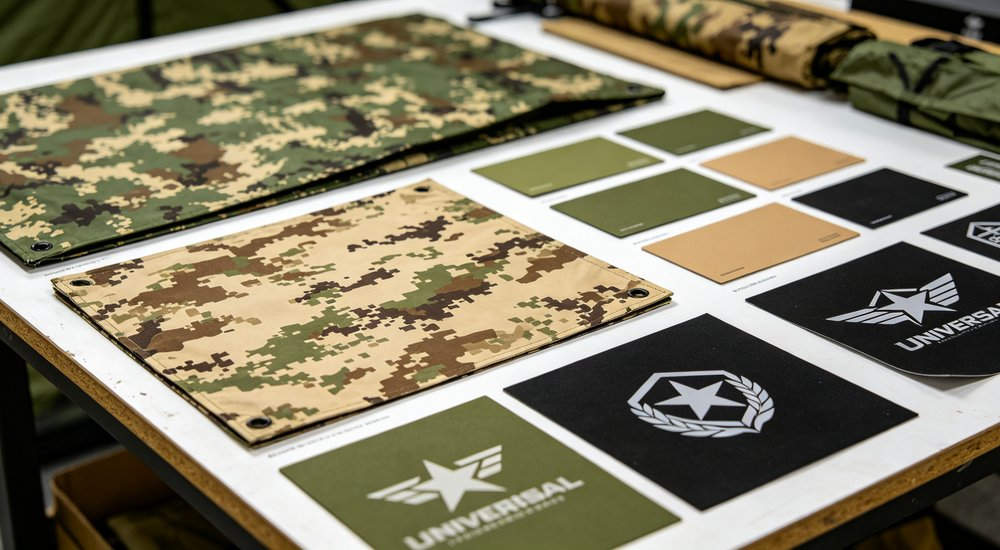 Side view of 50sqm military inflatable command tent with camouflage netting draped over top for enhanced tactical concealment in field deployment environment