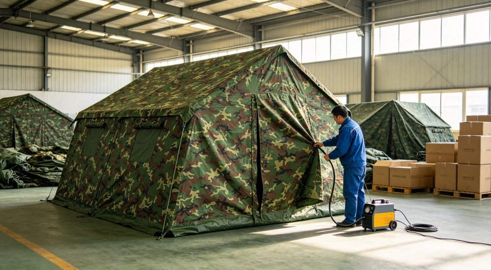 Interior view of 50sqm military inflatable command tent with removable partition walls creating separate rooms for command, communication and secure planning areas