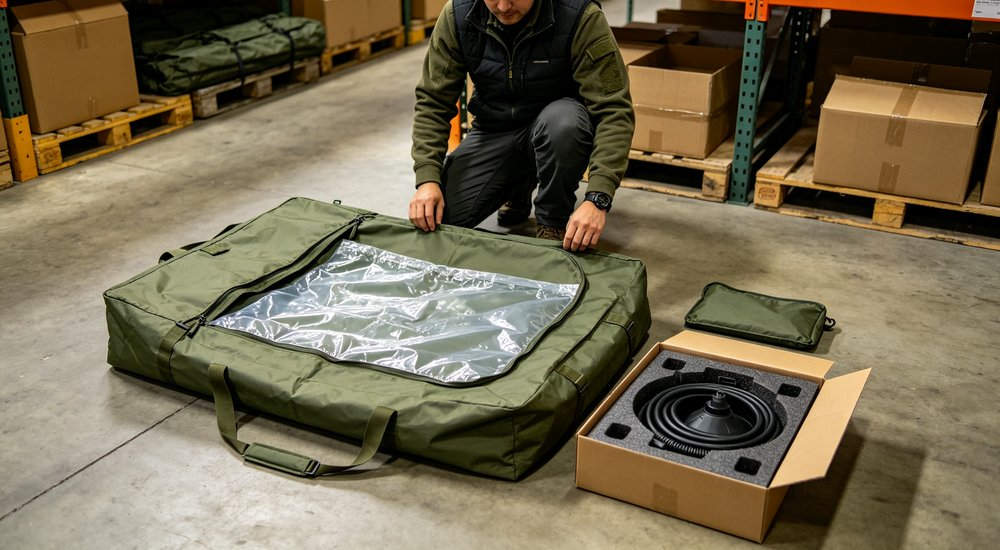Exterior view of 50sqm olive green military inflatable command tent with insulation liner installed showing thicker walls for cold weather winter operations deployment