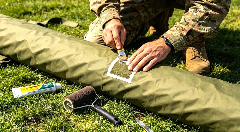 Exterior view of 50sqm olive green military inflatable command tent with insulation liner installed showing thicker walls for cold weather winter operations deployment