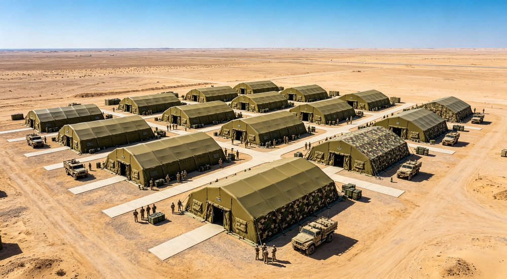 Interior view of 50sqm military inflatable command tent configured as battalion headquarters with command table, situation boards and communication terminals for 6-8 staff officers
