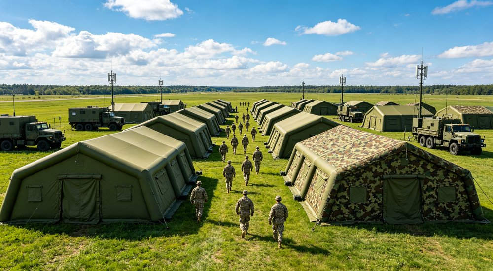 Exterior view of 50sqm military inflatable command tent in UN peacekeeping configuration with white United Nations vehicles parked nearby in desert stabilization operation area