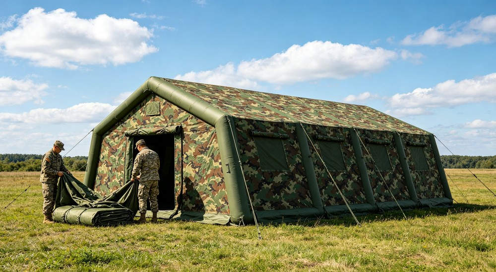 Side view of 50sqm olive green military inflatable command tent with military logistics team loading packaged tents onto cargo truck for shipment and deployment distribution
