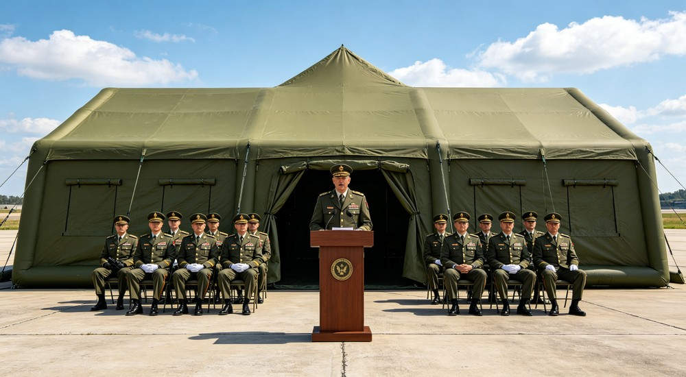 Interior view of 50sqm military inflatable command tent showing cable management system with power and data cables routed through sealed wall ports for communication equipment