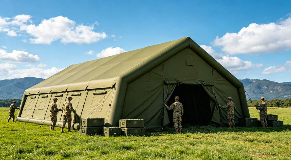 Exterior view of 50sqm digital camouflage military inflatable command tent with military maintenance team performing post-deployment cleaning and inspection of tent fabric and seams