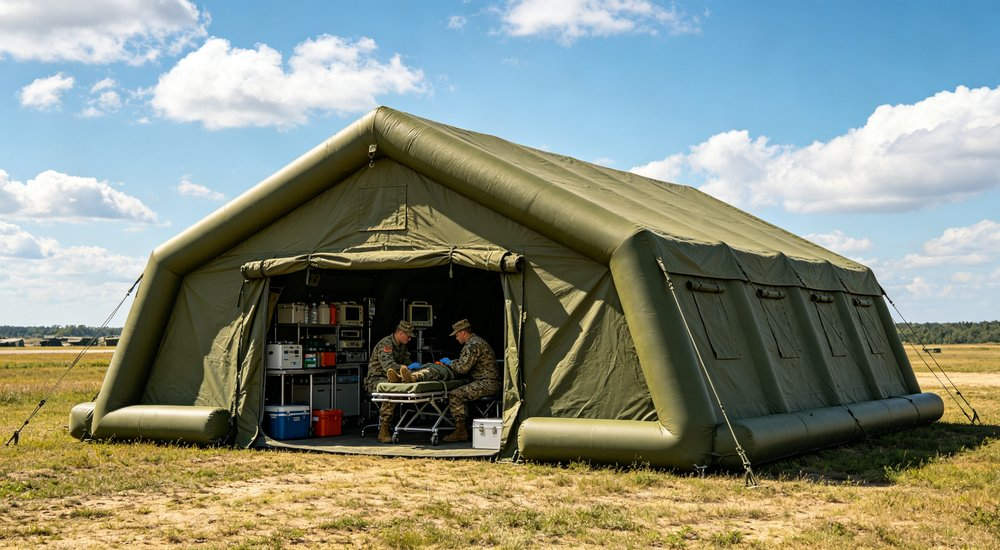 Front view of 50sqm olive green military inflatable command tent with field repair kit displayed showing PVC patches, adhesive and tools for emergency tent damage repair in field