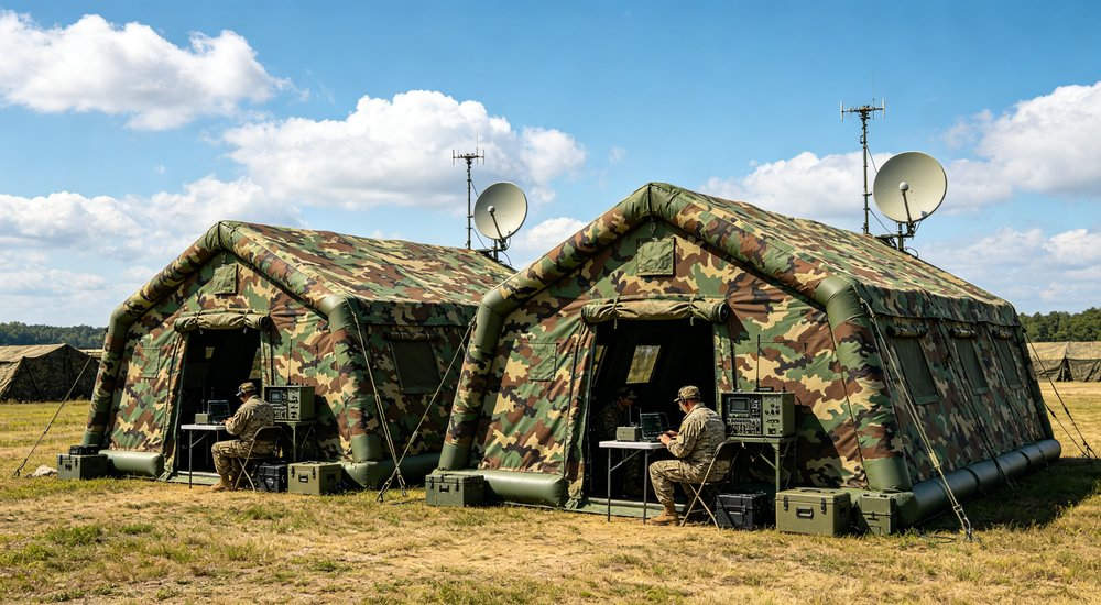Side view of 50sqm military inflatable command tent in storage configuration showing compact rolled tent package in heavy-duty canvas storage bag for military warehouse stockpile