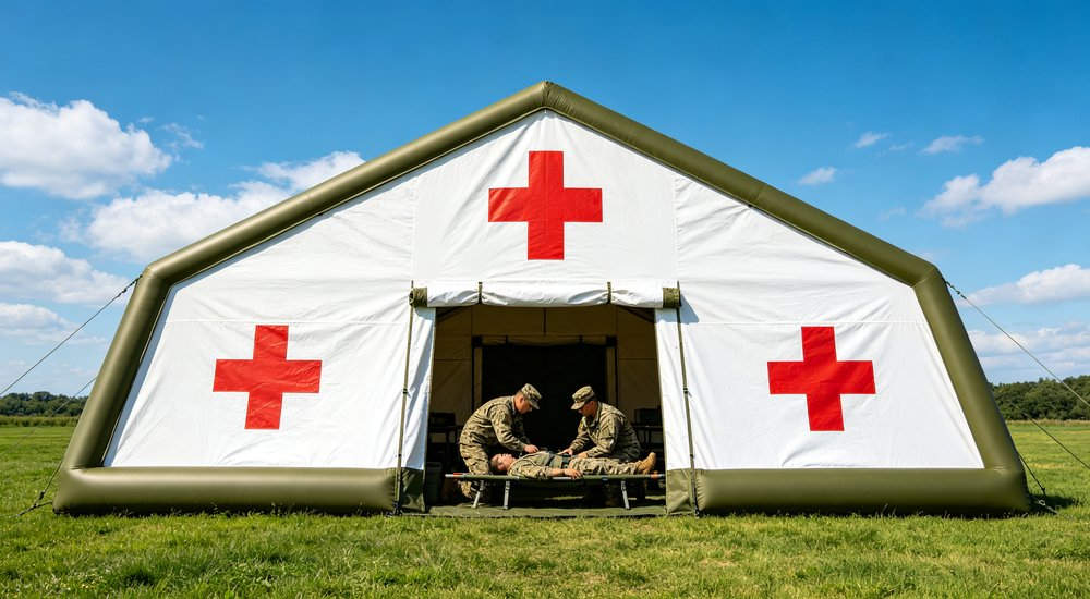 Exterior view of 50sqm olive green military inflatable command tent with military quality control team conducting final inflation test and structural inspection before factory shipment
