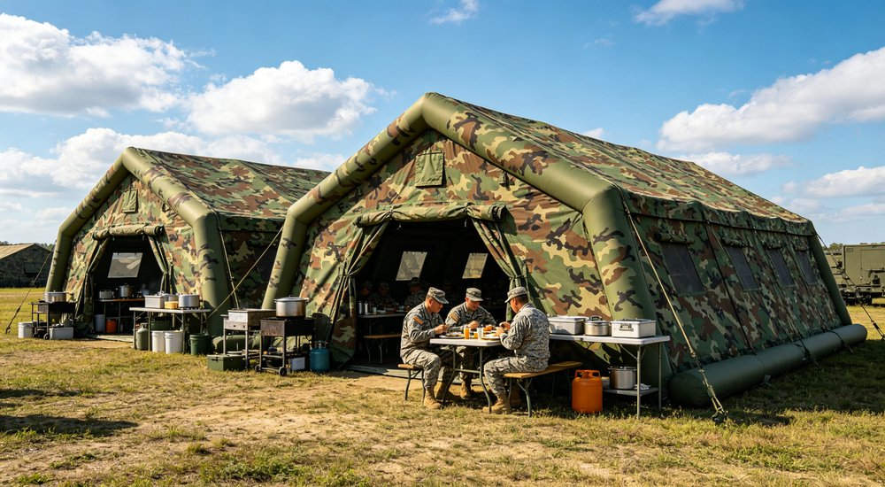 Interior view of 50sqm military inflatable command tent configured as tactical operations center with large wall-mounted map display, situation tracking boards and 10-12 operator workstations